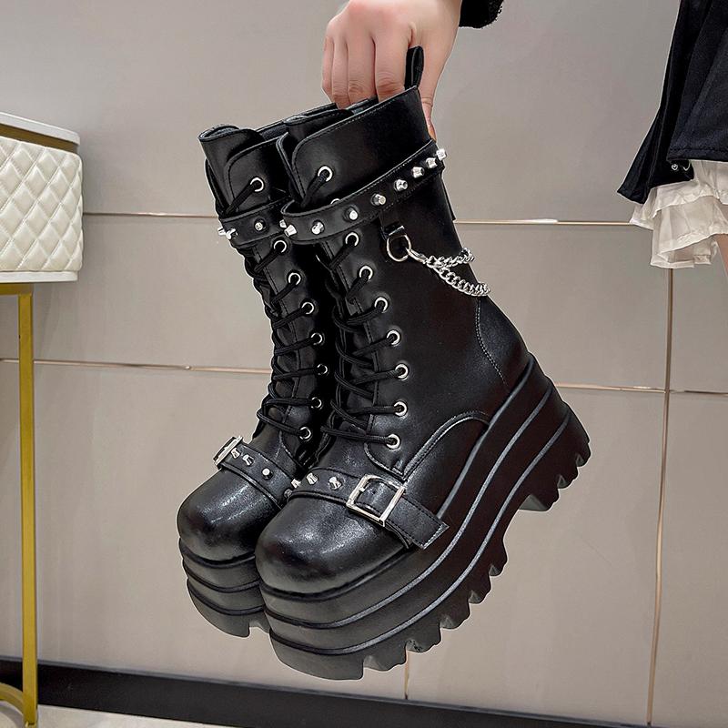 Мода 2025 Новые осенние кожаные ботинки на высокой платформе 8,5 см танкетка ботильоны женские зимние мотоциклетные ботинки массивные кроссовки женские