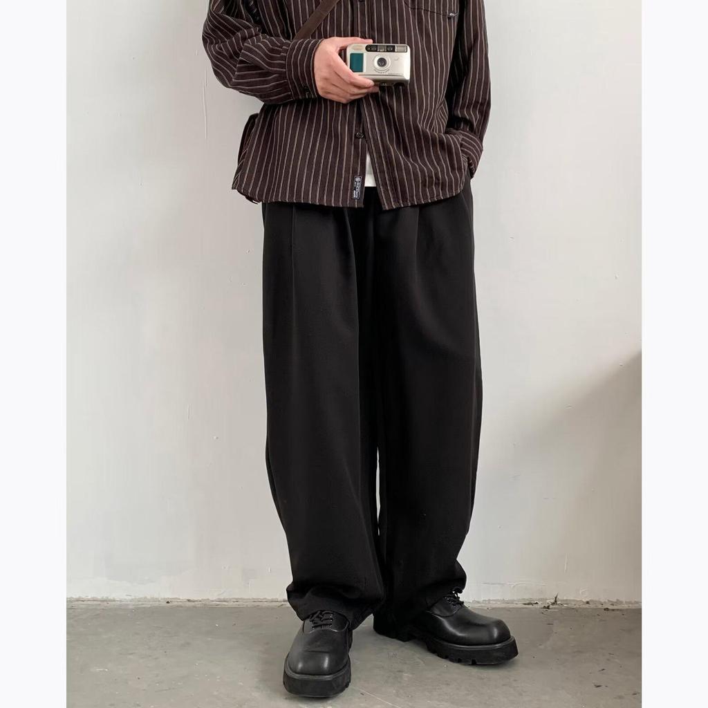 Men's Retro Brown Wide-Leg Sweatpants - Loose Straight Drape for Spring & Autumn
