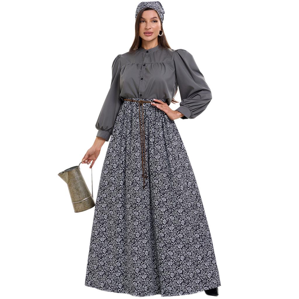Pastoral Cos Medieval Floral Vintage Dress, Farm Colonial Stage Performance Suit Castle
