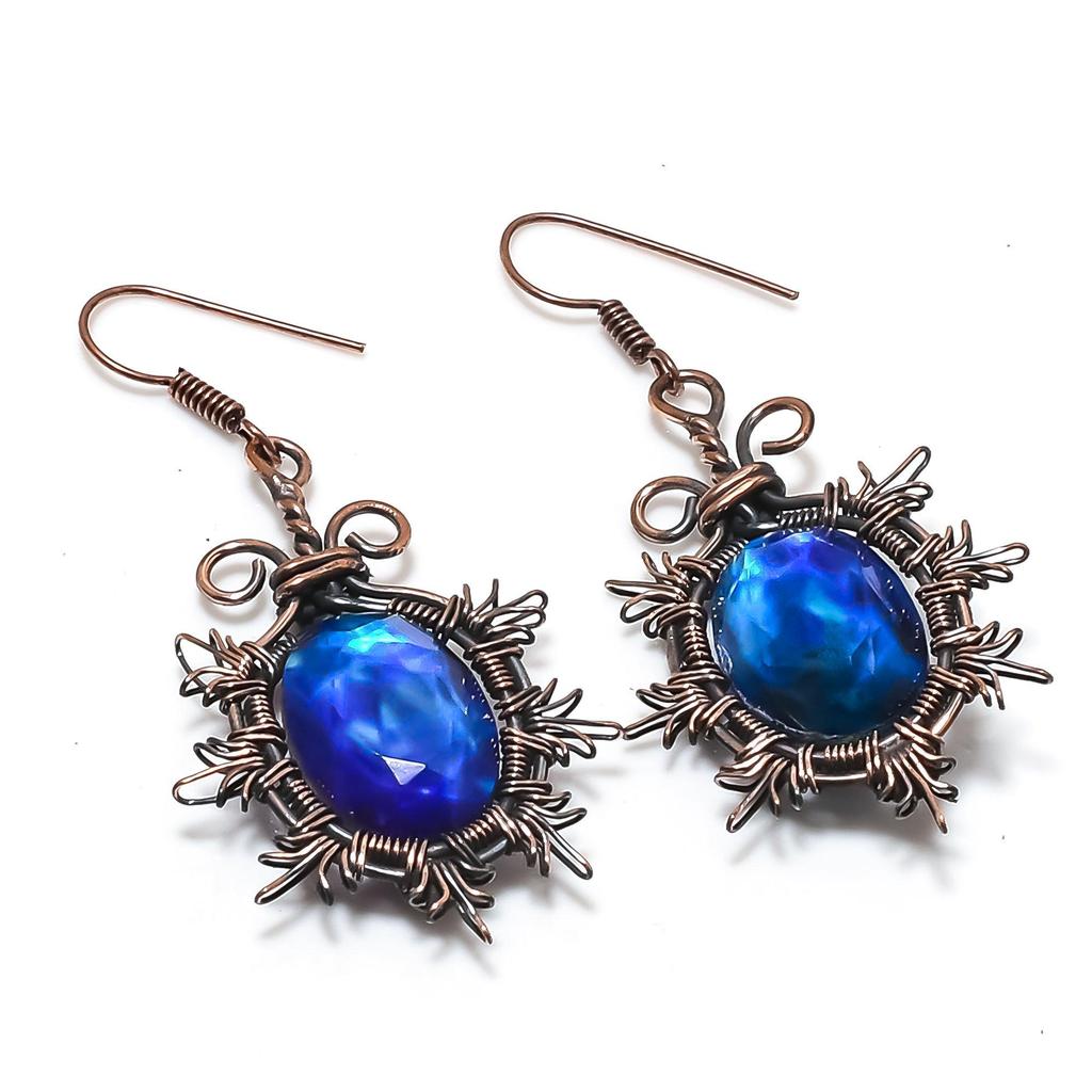 Серьги с аммолитом, Ювелирные изделия из драгоценных камней, Серьги ручной работы, обернутые медной проволокой 999 пробы, Ювелирные изделия новейшего дизайна