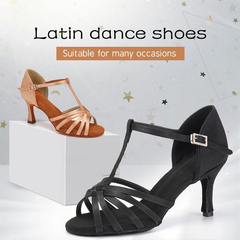 Women Latin Dance Shoe Satin Sandal Ladies Latin Dancing Shoes 8.5cm Heel High Heel Soft Sole T Bar Indoor