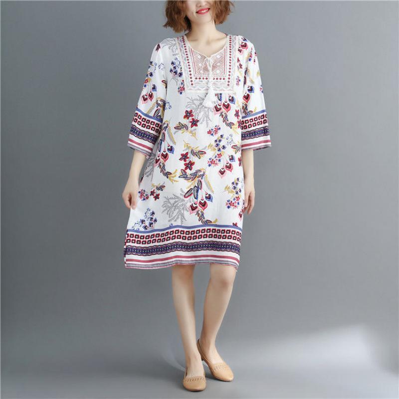 Fashion Dress Print Round Neck Dress Loose Large Size Korean Version of Seven-point Sleeve Straight Dress Summer Beach Skirt