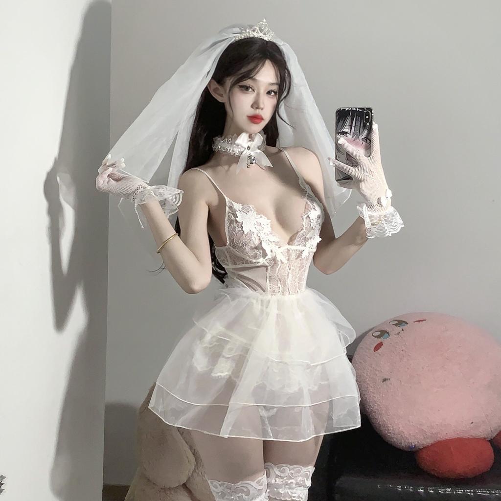 Lace mesh perspective sexy deep V hollow erotic underwear seduction low-cut onesie women's suit