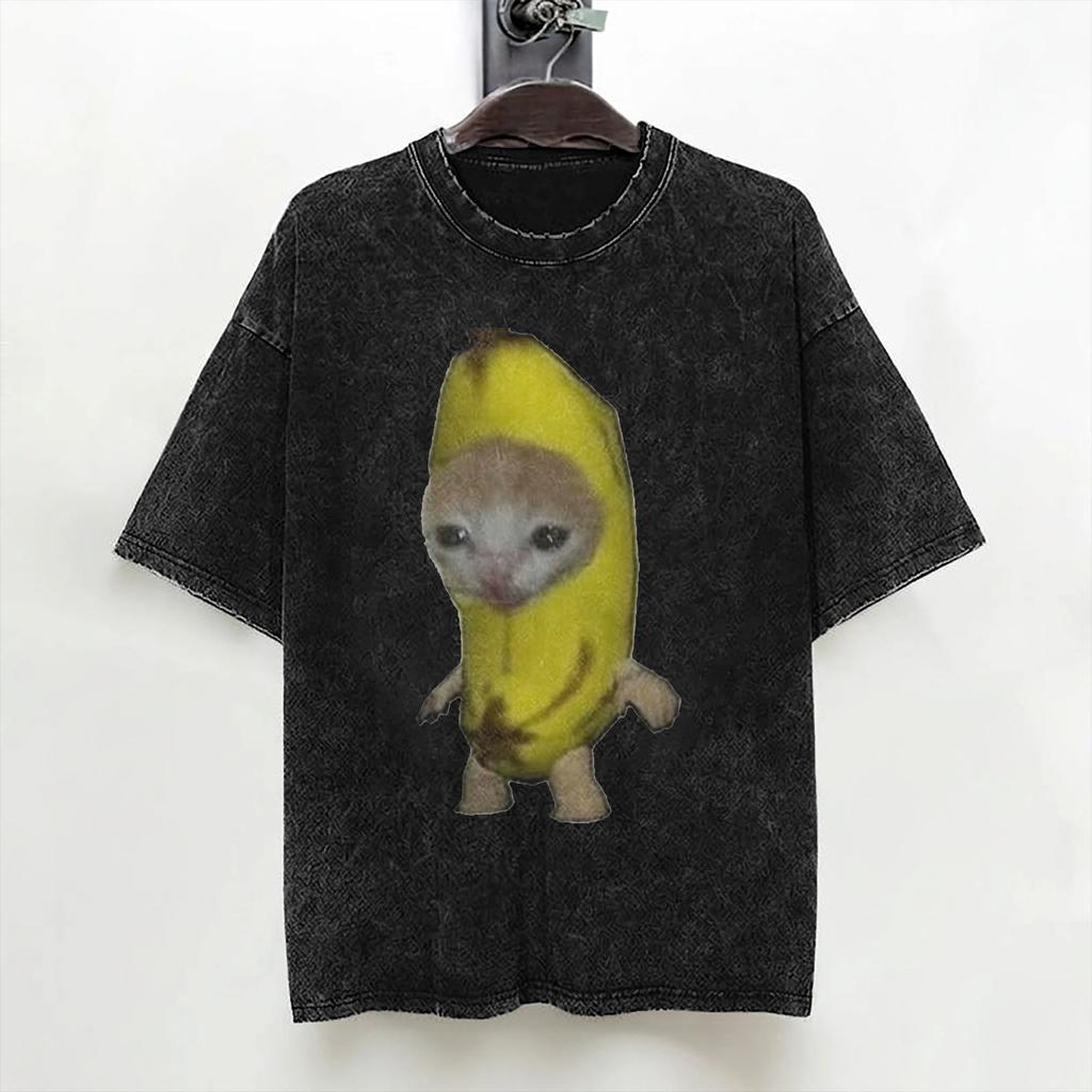 Cute Kitten Banana Cat Meme T Shirts Washed Cotton Oversize TShirt Novelty for Men Women Streetwear Graphic Printed Tee Shirt