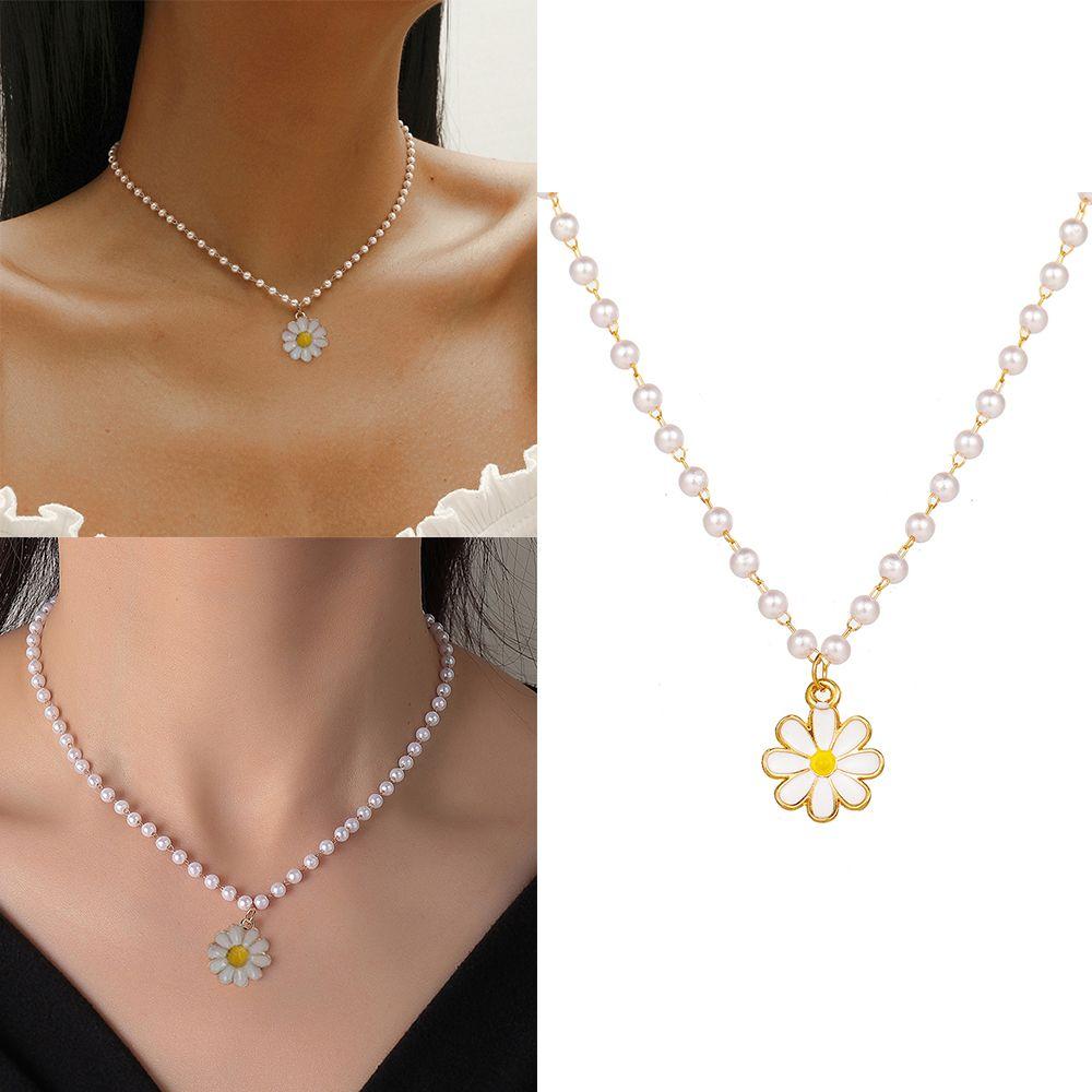 Cute Oil Flower Trendy Jewellery Pendant Choker Imitation Pearl Chain White Daisy Necklace