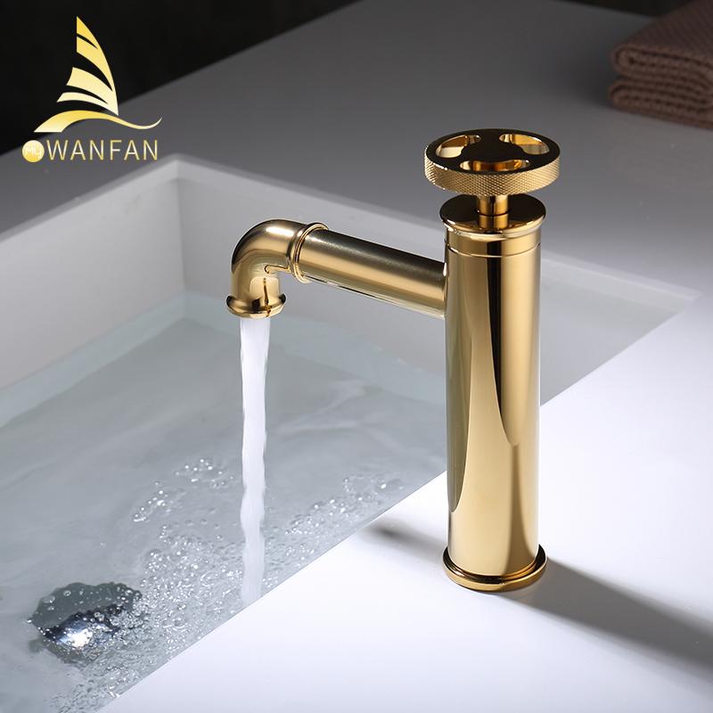 Brass Single Handle Single Hole Gold Fashion Wash Basin Sink Faucet Hot and Cold Bathroom Faucet Deck-mounted Faucet WF-20A01K