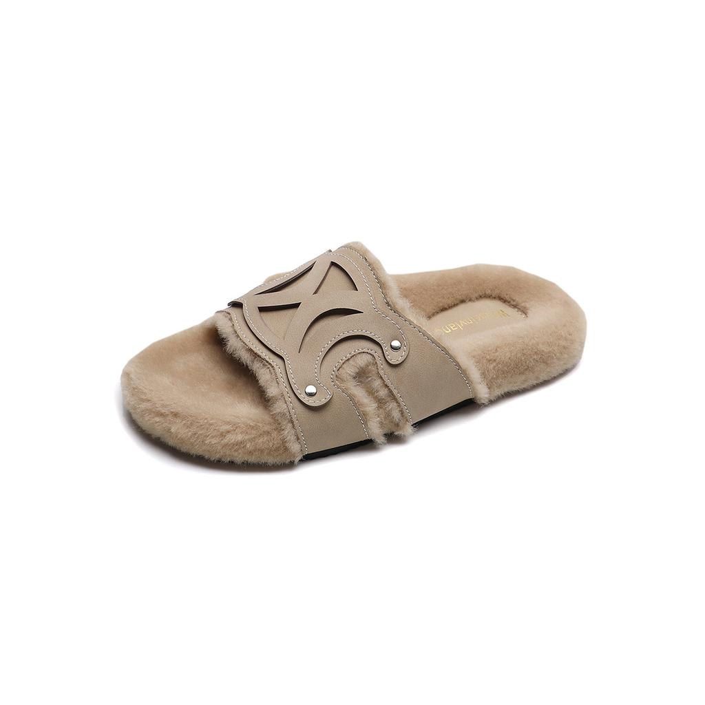 Woman Faux Wool Insole Flat Slippers Round Head Open Toe Slingback Indoor Slipper 2024 Women Winter Female Plush Fur Slippers