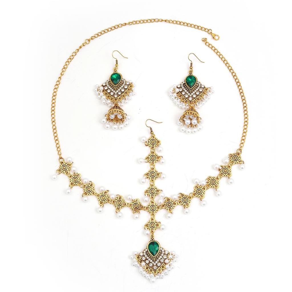 European and American bohemian luxury fringed necklace earrings set exotic style pearl rhinestone collarbone chain ear jewelry