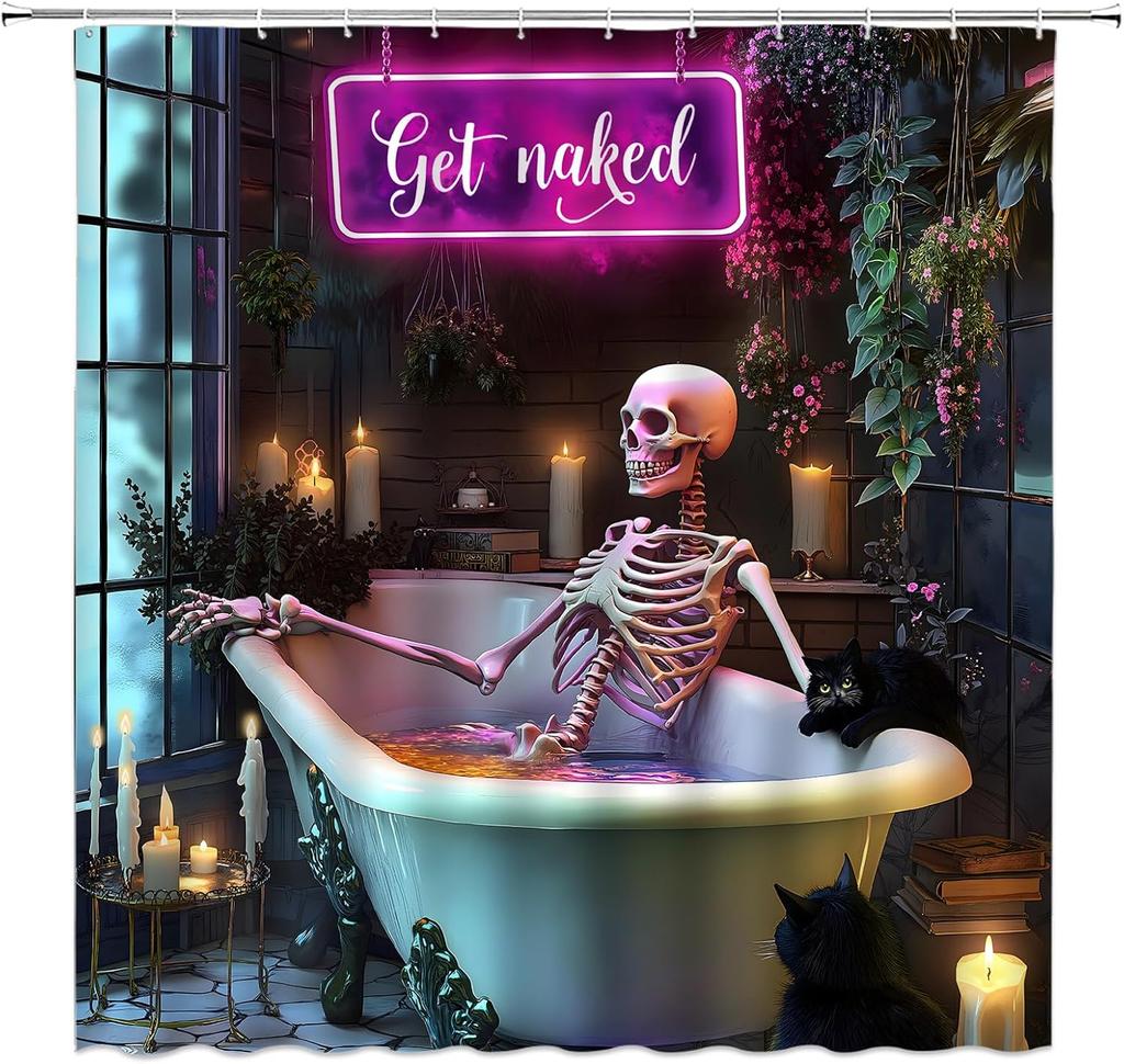 Смешная готическая шторка для душа с черепом Хэллоуин Жуткий череп Скелет в ванной Зеленое растение Страшный Креативный Тканевый Декор для ванной