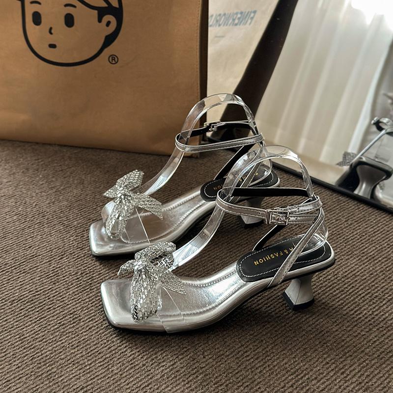 Модные женские босоножки на шпильках, летние, новые, квадратные, с открытым носком, с бриллиантами, с бабочкой и узлом-рюмочкой