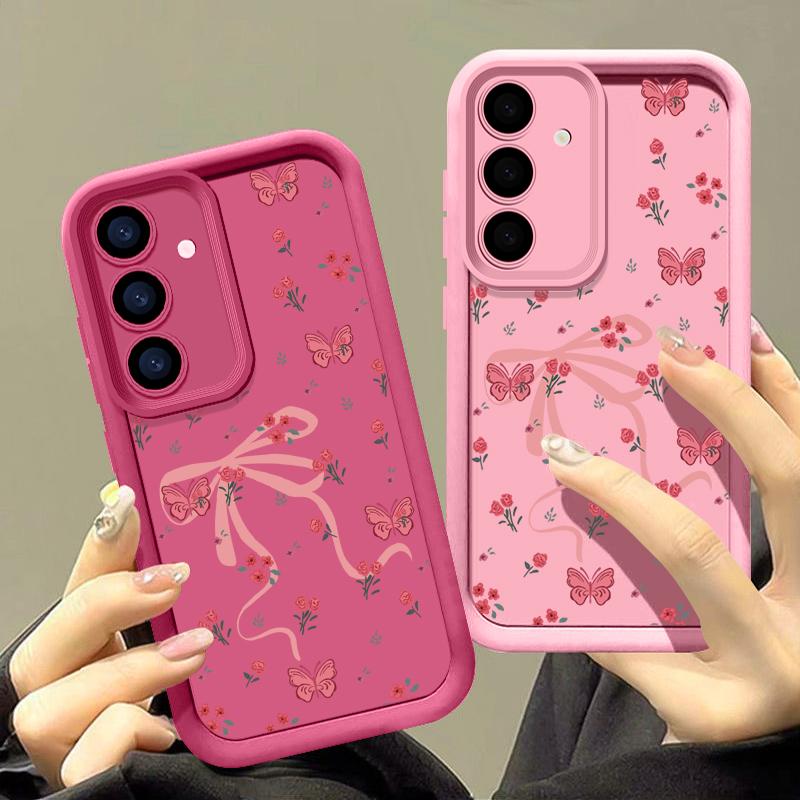 Для Samsung S25 Ultra S24 FE S23 S22 A56 A36 A55 A16 A15 A35 чехол для телефона с бантом и цветочным принтом TPU матовый противоударный мягкий силиконовый защитный чехол для объектива