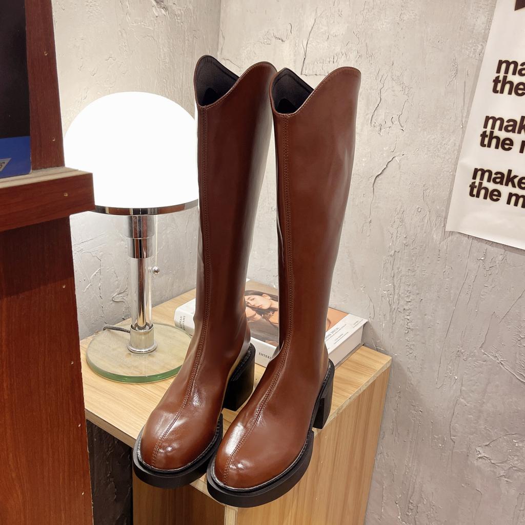 British Platform Leather Knee-high Boots for Women Fashion Increase Soft-soled Women's Shoes Designer Casual Knight Boots Female