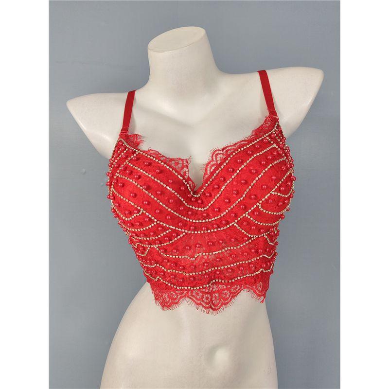 Export Single Corset Push Up Short Corset Crop-Top Spaghetti-Strap Tube Top Diamond Decorations Shiny Corset Lace Tops with Chest Pad