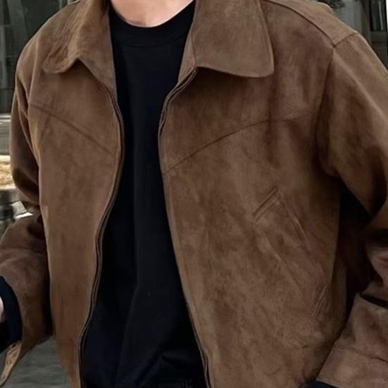 Men Short Jacket Lapel Long Sleeve Zipper Closure Solid Color Design Coat with