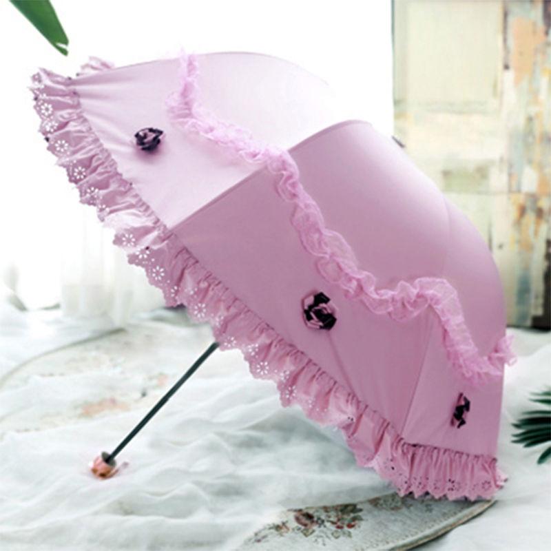 Lace Flower Women Sun Parasol Sunscreen Portable Compact Black Coating Anti UV Rain Umbrella Girl Princess Sunshades Vintage