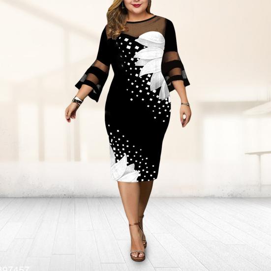 Женские нижние юбки больших размеров, женское платье с цифровым принтом, сетчатое лоскутное элегантное облегающее платье до середины икры с расклешенными рукавами для свадьбы