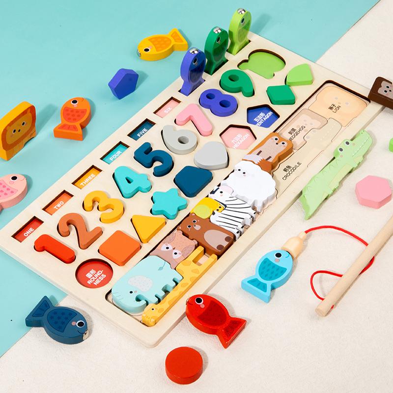 4-in-1 Wooden Animals Numbers Magnetic Fishing Game Digital Shape Cognition Matching Block Preschool Children Educational Toys