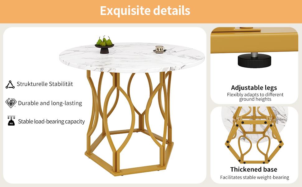 Dining table set (5-piece), round dining table with 100 cm diameter and golden metal legs, white MDF tabletop, dining chairs made of dark green velvet
