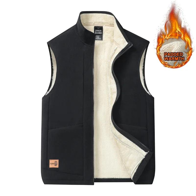Autumn Winter Lamb Wool Vests Men Warm Padded Stand Collar Casual Sleeveless Jacket