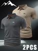 2pcs Men's Outdoor Golf Polo Shirts with Small Mountain Pattern - Short Sleeves & Color Block, Men's Business Casual T Shirt for Spring and Summer