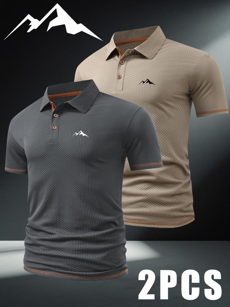 2pcs Men's Outdoor Golf Polo Shirts with Small Mountain Pattern - Short Sleeves & Color Block, Men's Business Casual T Shirt for Spring and Summer