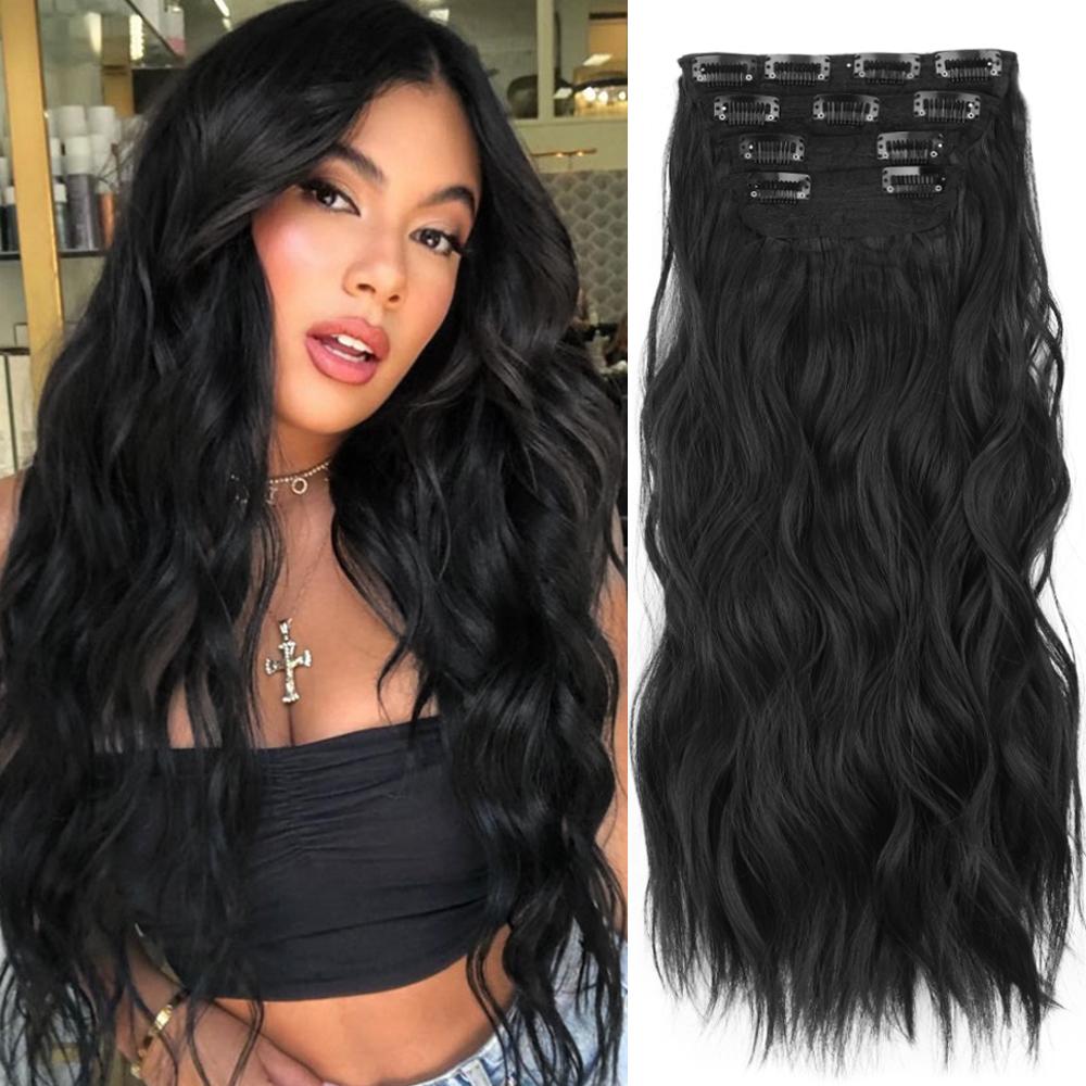 MERISIHAIR Pure Black Women Long Wavy Hair Extensions Synthetic Fiber Natural Wavy 4 Pieces Clip On Hairpiece Daily Wear