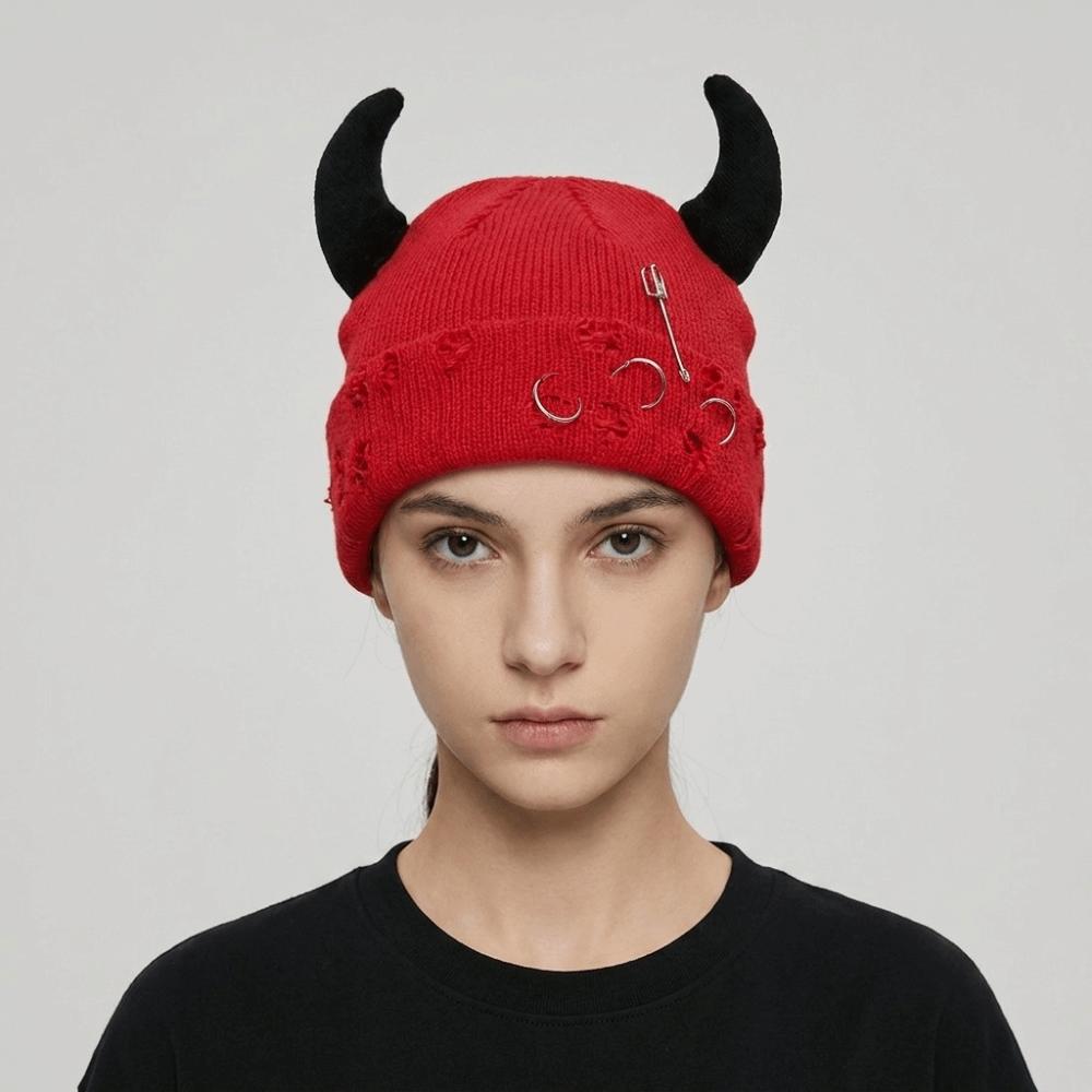 Yarn Winter Pullover Cap Solid Color Knitted Beanie Punk Devil Horns Hat Autumn/Winter