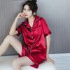 Женский шелковый атласный пижамный комплект, повседневная одежда для сна с короткими рукавами и пуговицами, топ, шорты, костюм для дома