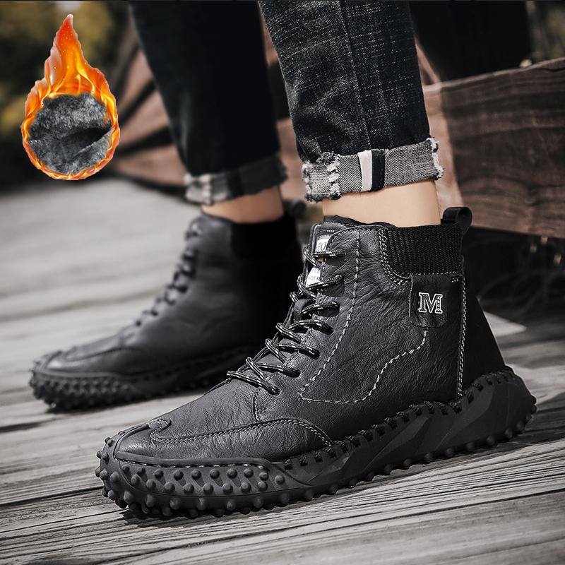 Классические зимние мужские ботинки из натуральной кожи, плюшевые теплые мужские зимние сапоги, непромокаемые уличные мужские рабочие ботинки в римском стиле, мужские мотоциклетные ботинки