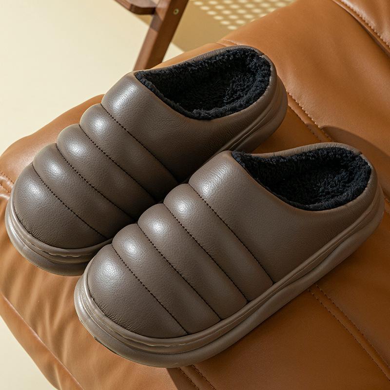 Кожаные хлопковые тапочки для пары осень-зима домашнее тепло домашние комнатные нескользящие на толстой подошве плюшевые тапочки мужские