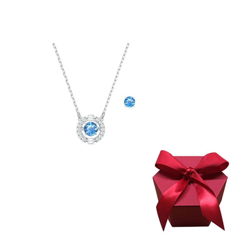 Swarovski Набор серег-обручей и ожерелье для женщин, синий/позолоченный белый