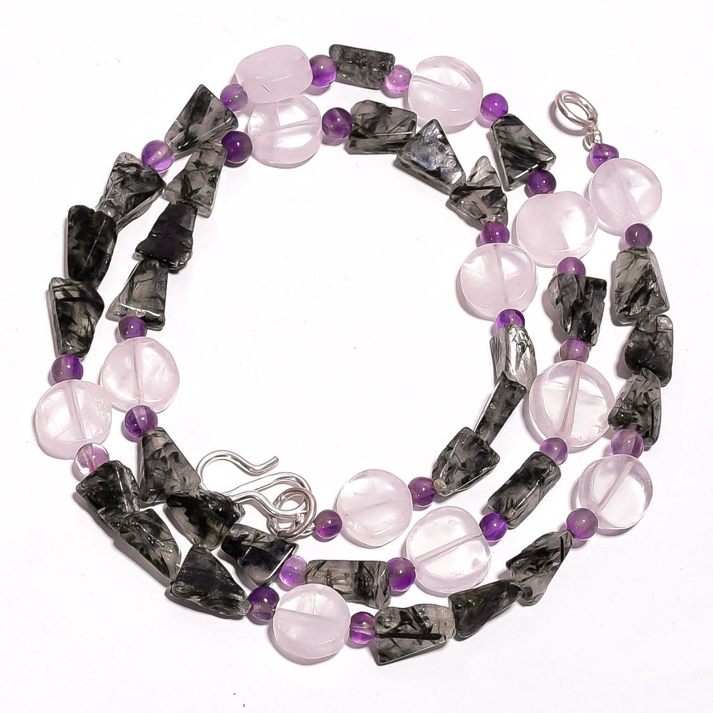 Natural Green Rutile & Rose Quartz Amethyst Gemstone Beads Necklace 17" UB-2873 UB-2873