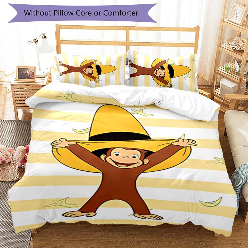 3pcs Curious George pattern bedding set duvet cover set includes duvet cover &pillowcases, perfect all season bedroom decoration & gift