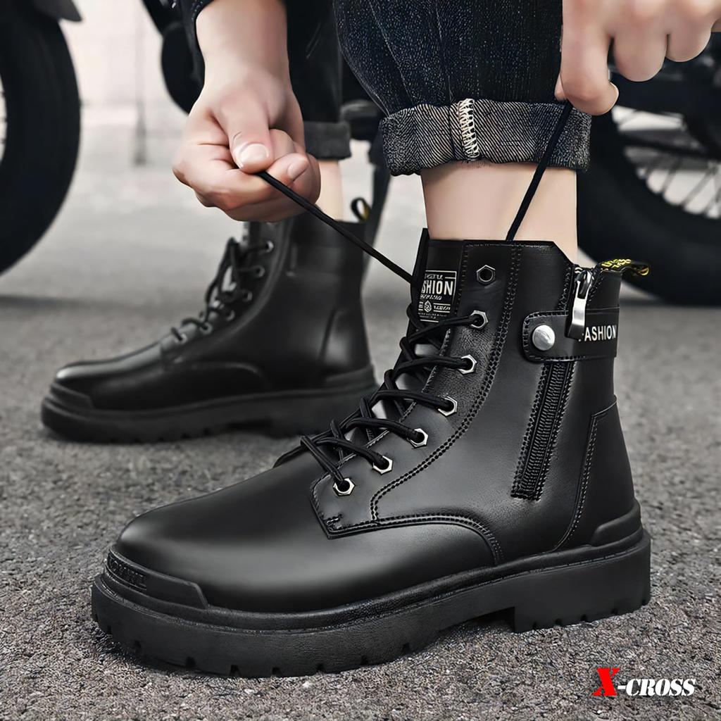 Cross Short Boots Black Side Zip Thick Sole Bike Lace Up Lace Up Side Zipper Business Military High Cut Easy To Wear Casual Boots Zip Side Zipper