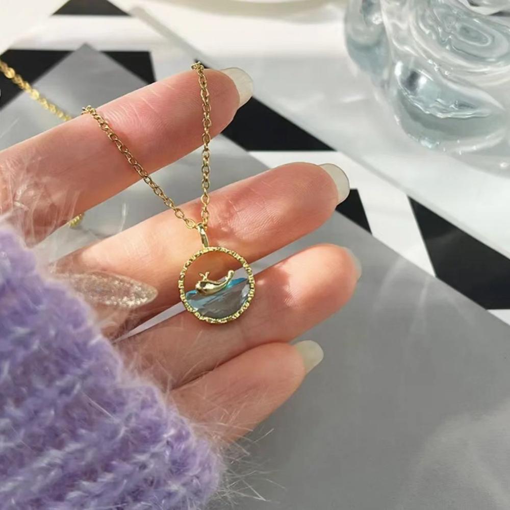 Stainless Steel Cute Sweet Blue Crystal Sea Whale Pendant Necklace for Women New Creative Design Summer Collar Jewelry Colorfast