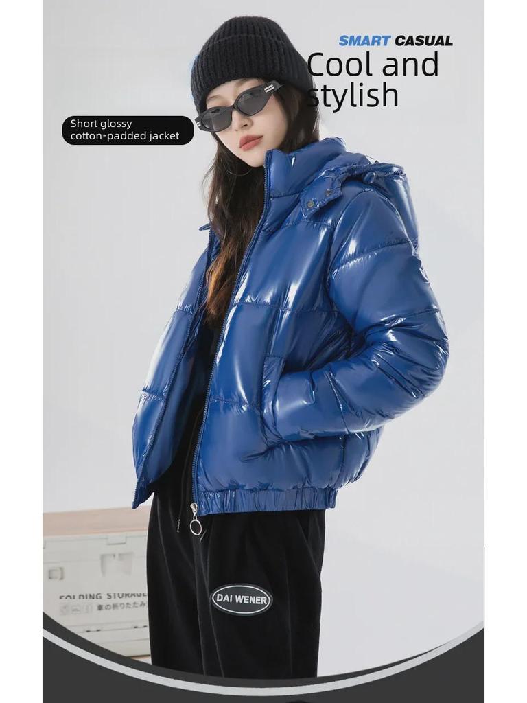 Женская короткая куртка-пуховик в корейском стиле - модное блестящее хлопковое пальто с капюшоном для зимы