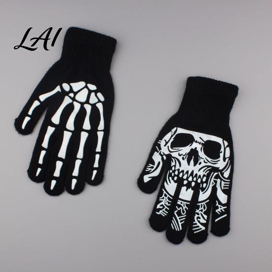 Knitted Horror Cosplay Accessories Halloween Glow‑In‑The‑Dark Skeleton Knit Gloves Luminous Skull Bone Print Costume Atmospheric Photo