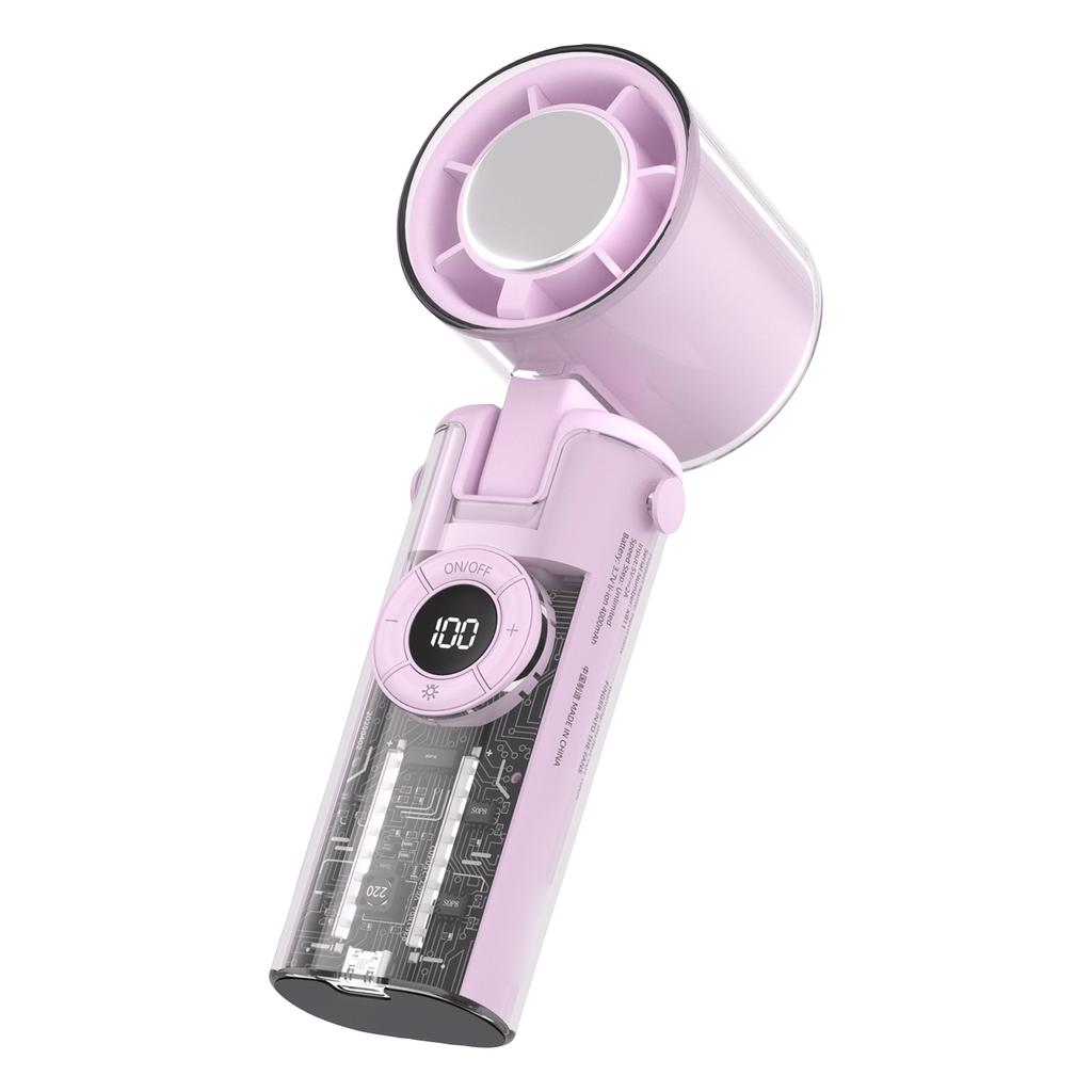 Portable Conditioner Fan With Function, 4000mAh Rechargeable Battery, Transparent Mechanical Fan Design, And Comes With A Lightweight Lanyard.