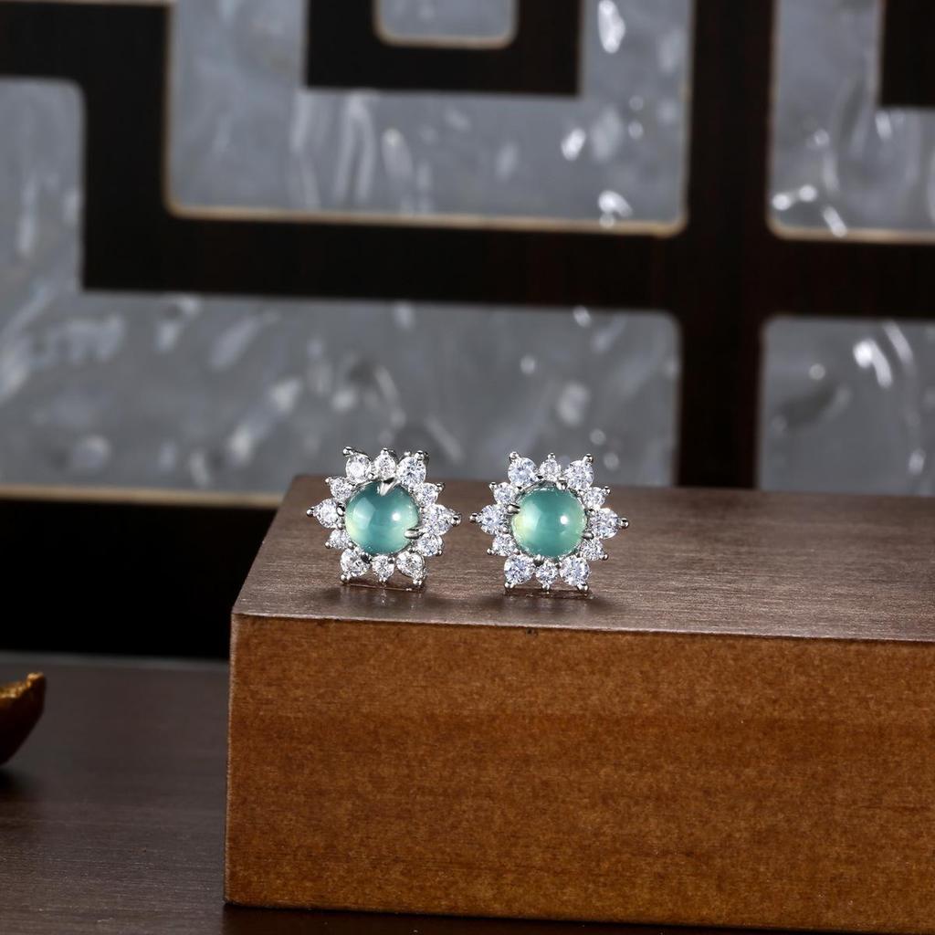 Серьги-пусеты из стерлингового серебра 925 пробы в виде подсолнухов с натуральным нефритом Вэлянского голубого водного цвета