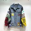 Women Letters Badges Embroidery Denim Coat Knit Spliced Sleeve Sweater Tassels Jeans Jacket Streetwear Cardigan Tops