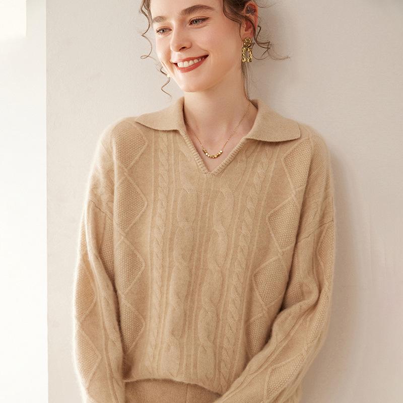 Women's Thick Three-Strand Twisted Cashmere Knit Sweater, Long Sleeve, Polo Collar, Loose Fit, Soft & Skin-Friendly.