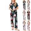 Women's Christmas Print Pajama Set Women's Short Sleeve Long Pants Two-piece Set Button-up Home Clothes