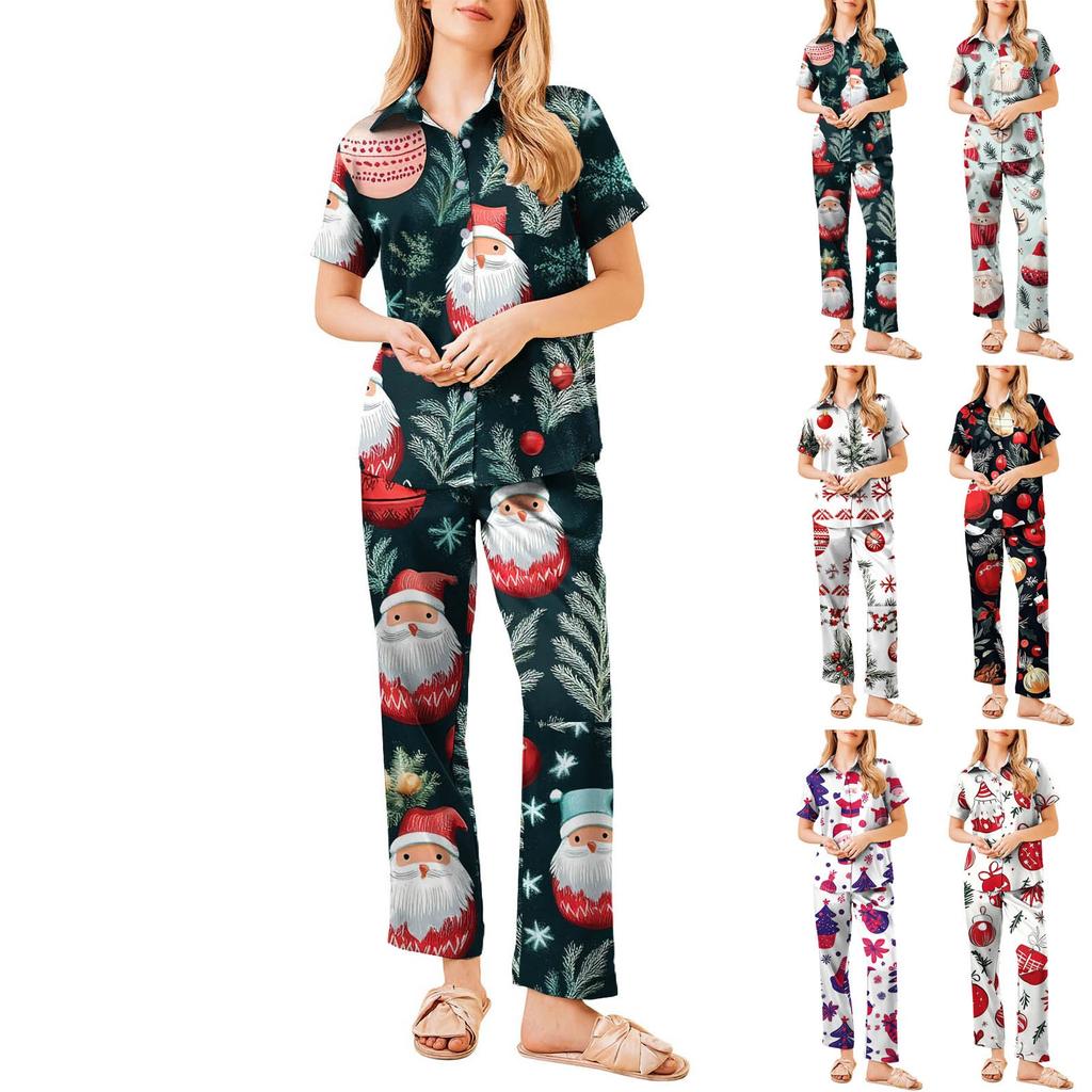 Женский рождественский пижамный комплект с принтом, женские короткие рукава, длинные брюки, комплект из двух предметов, застегивающийся на пуговицы, домашняя одежда