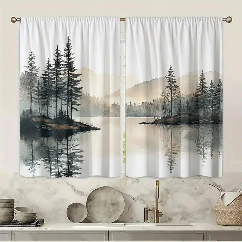 2 шт. - Шторы с принтом узора «Прибрежный пейзаж», шторы с кулиской, украшение для дома, украшение комнаты