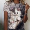 Women's Summer T-shirt, White Cat Printed Short Sleeved T-shirt, Casual Printed Top