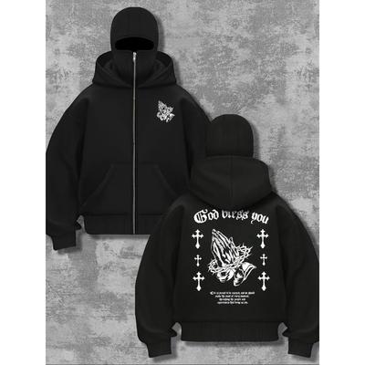 Мужской свитшот в готическом стиле с принтом и двойным капюшоном, осенне-зимняя картонная рубашка на молнии, удобная толстовка для бега, модная