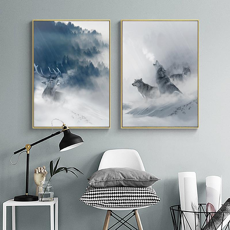 Скандинавский черно-белый постер с животными, волк, лось, настенная живопись на холсте, лес, снежная гора, принт, картина для гостиной, домашний декор