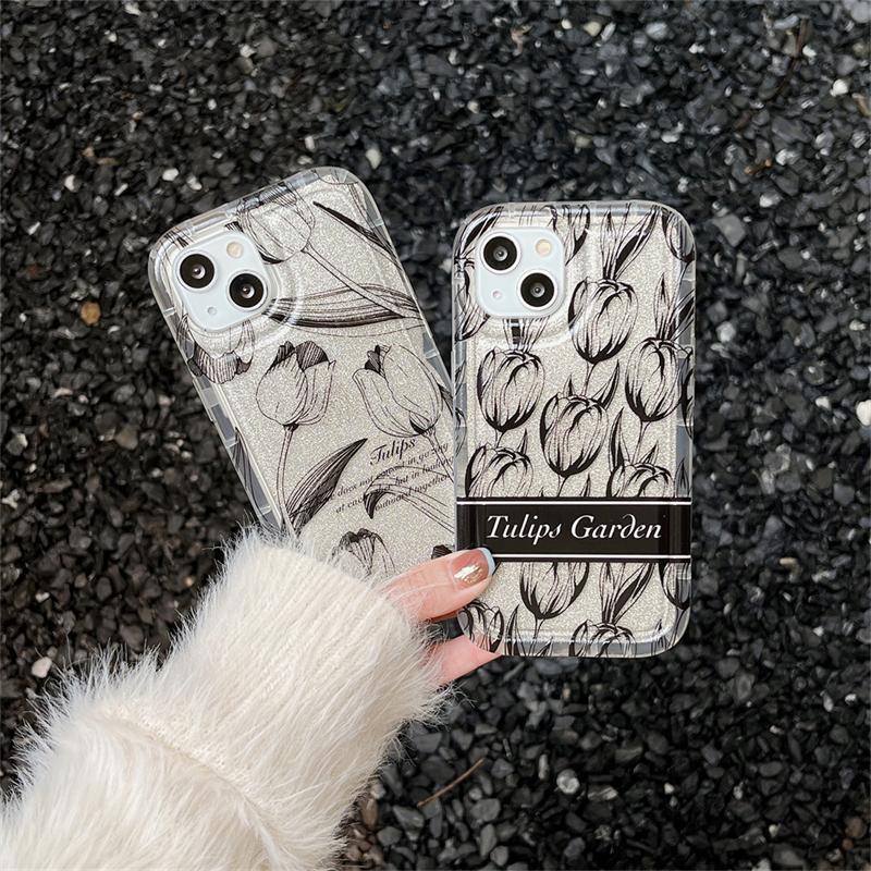 Корейский милый блестящий чехол для телефона с рисунком тюльпана для Iphone 14 13 12 11 Pro Max, стильный блестящий защитный мягкий чехол с цветочным принтом, принципиально