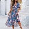Yousheng Women's Boho Summer Maxi Dress Deep V-Neck Ruffled Short Sleeve Chiffon Beach Sundress Casual Floral Print Long Dresses