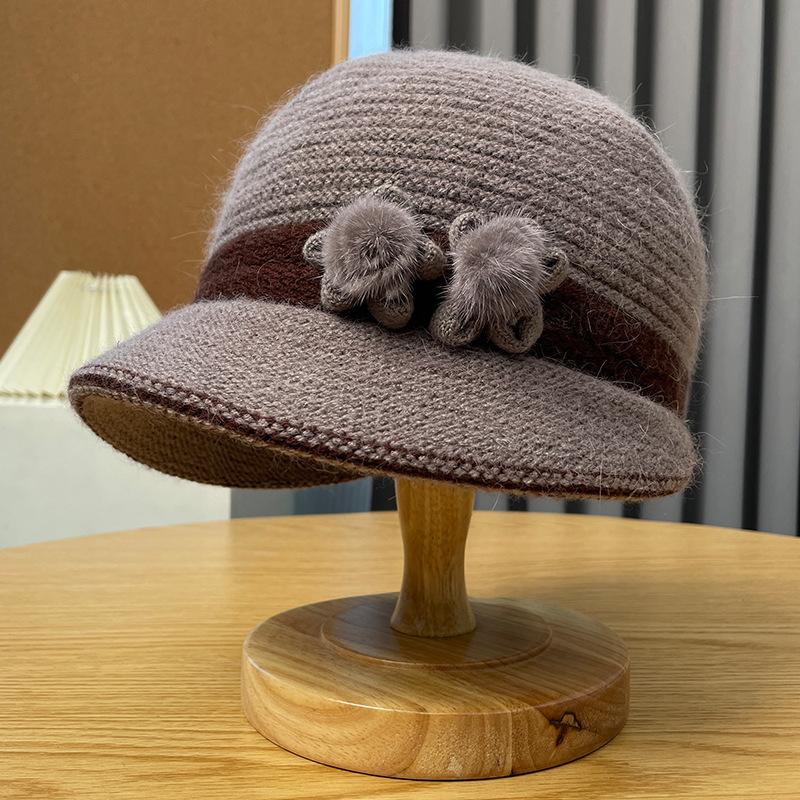 Harbon Bear Knitted Mom Hat with Rabbit Hair Windproof Old Lady Wool Hat